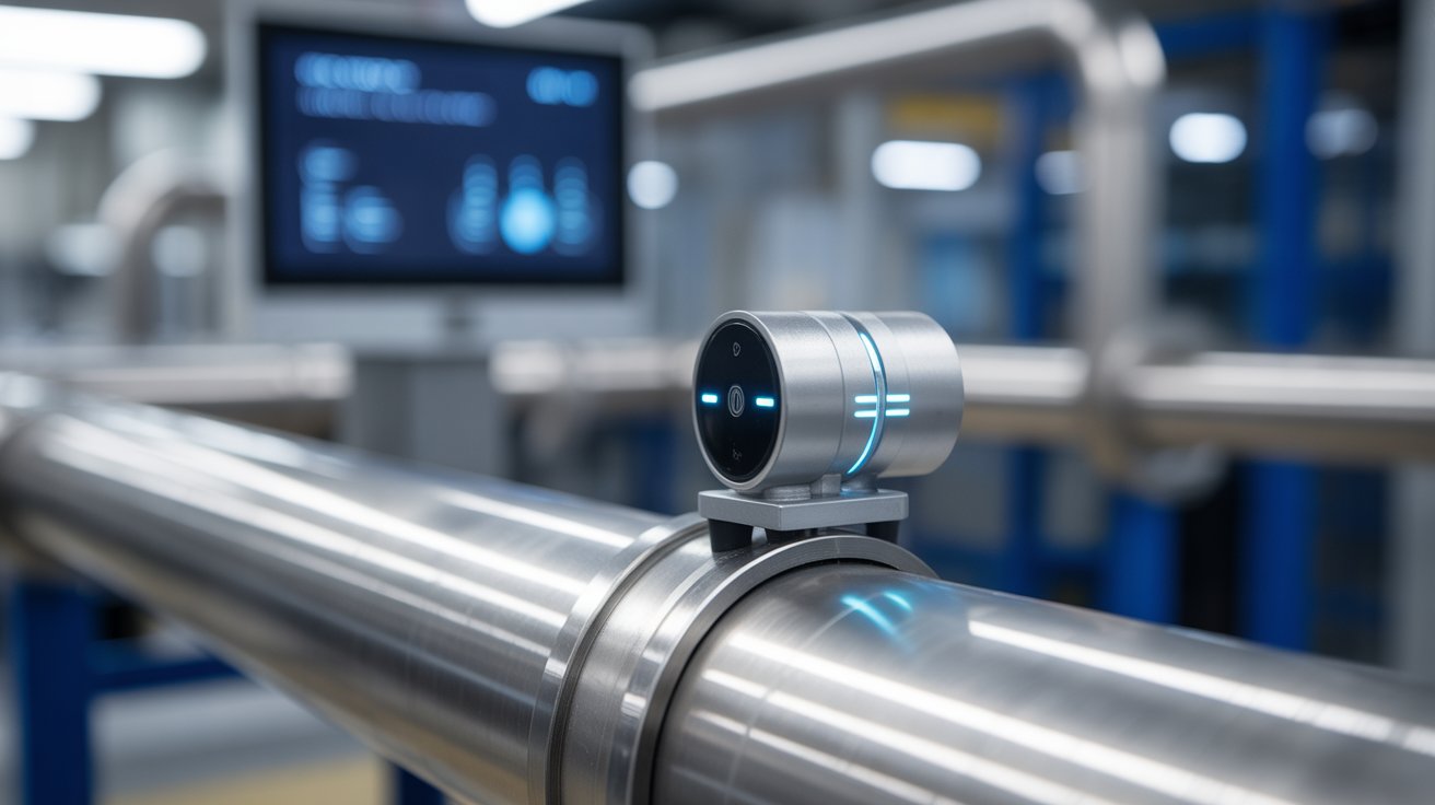 Sensor IoT Nodara instalado sobre tubería industrial para monitoreo de presión y temperatura sin cableado