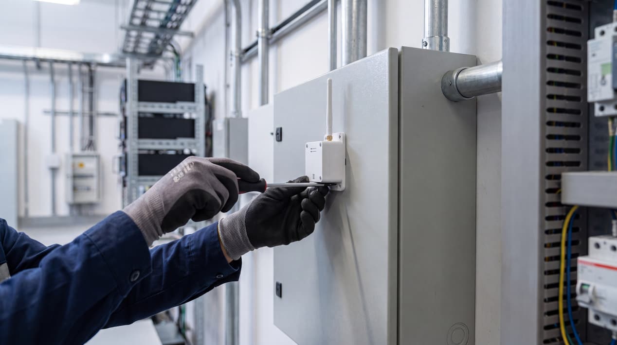 Técnico instalando un sensor LoRaWAN con antena en un tablero eléctrico industrial