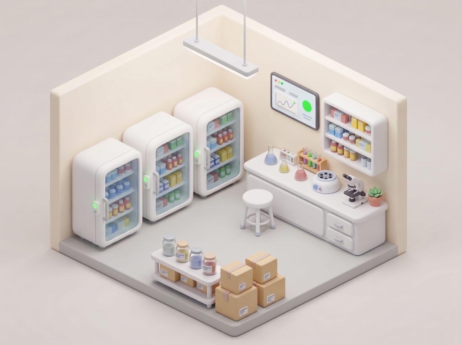 Mini laboratorio farmacéutico con refrigeradores monitoreados por sensores IoT inalámbricos