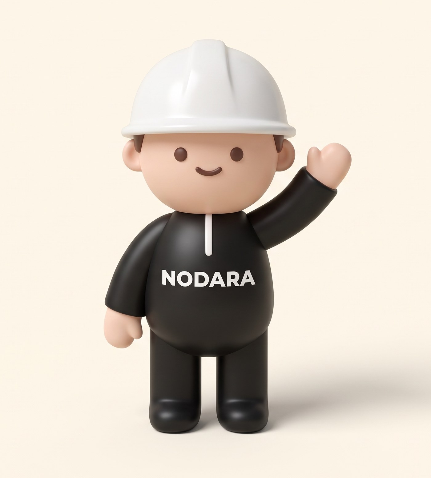 Mascota de Nodara: personaje 3D con casco de seguridad blanco y uniforme negro con el logo NODARA en el pecho, saludando con la mano
