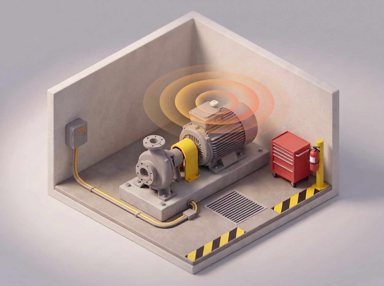Motor industrial acoplado a una bomba con un sensor inalámbrico de vibración detectando una anomalía