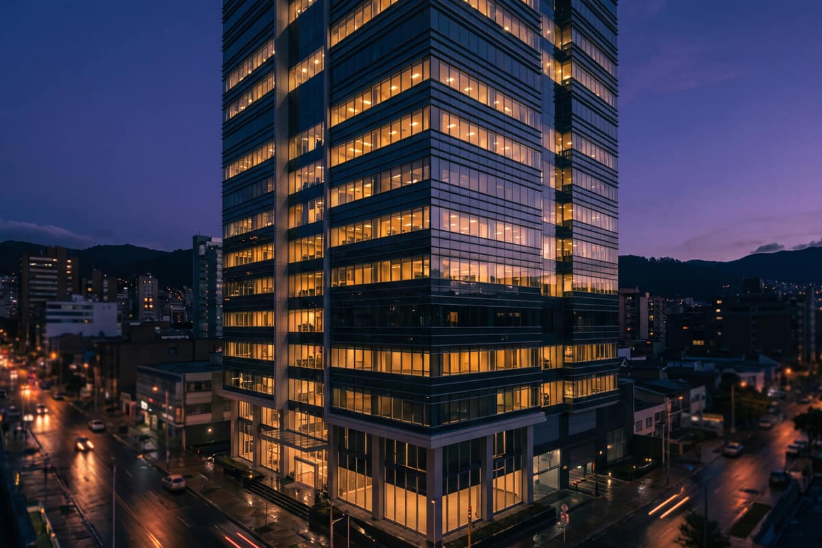 Edificio de oficinas moderno iluminado de noche para monitoreo IoT de edificios inteligentes en Colombia
